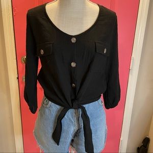 Black Linen Cropped Tie Front Top
